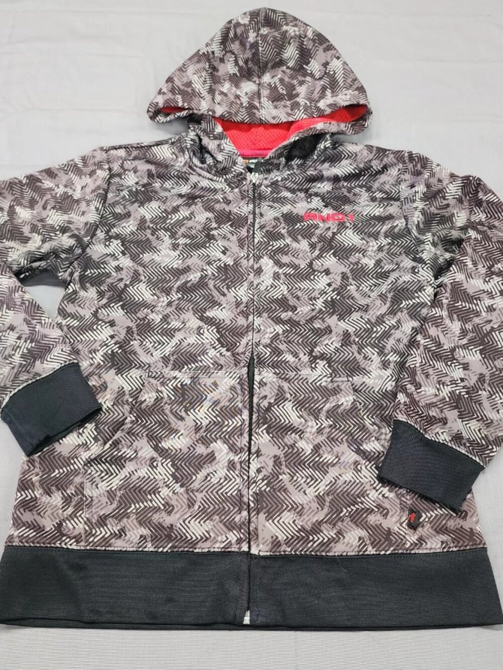 AND1 Boys Size L 10/12 Gray Geometric Full Zip Hoodie Activewear Jacket